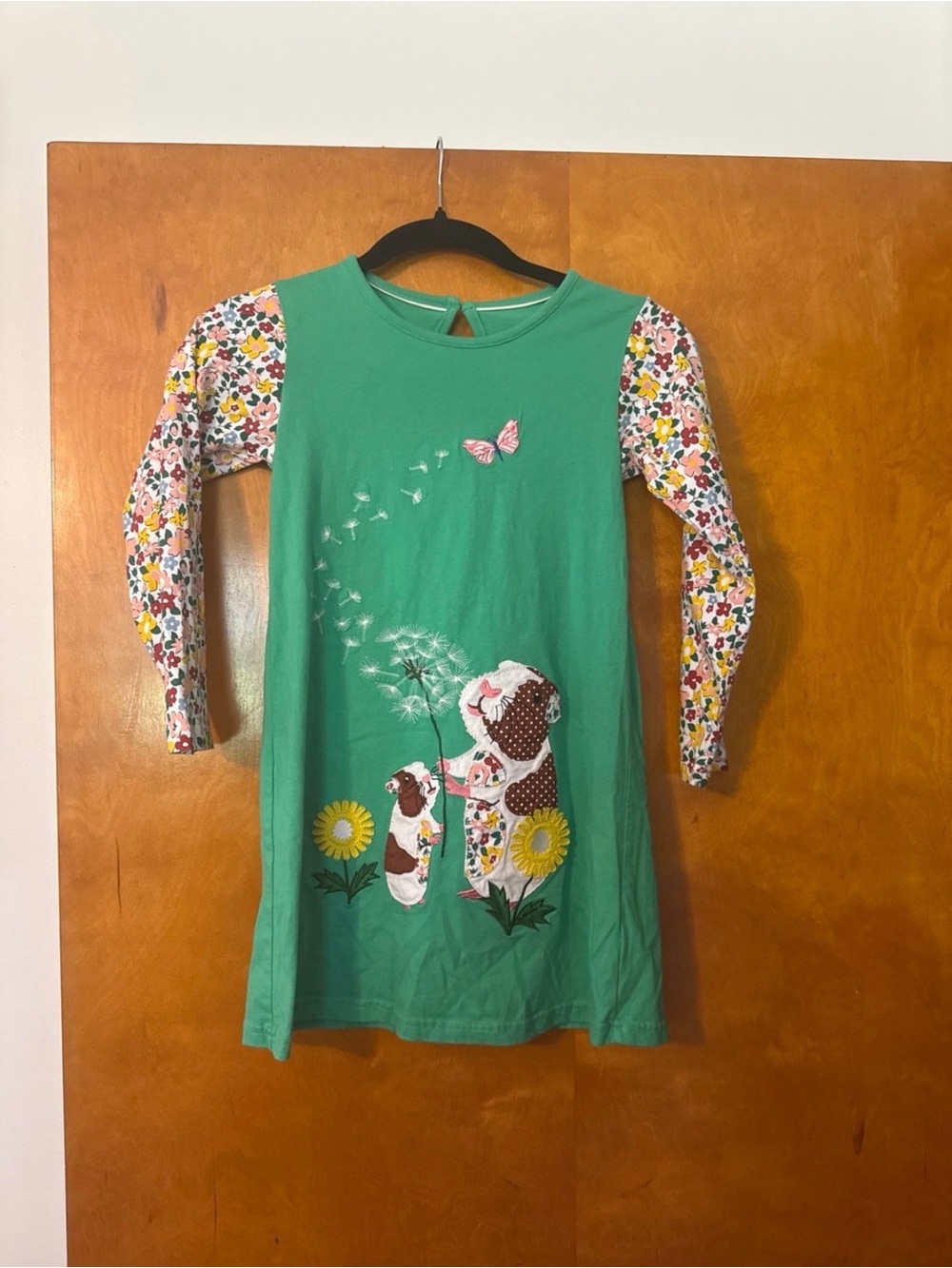 Mini Boden Green Long-Sleeve Dress with Dandelion Appliqué